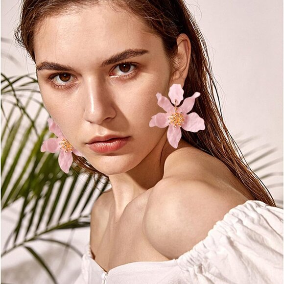 Unique Bohemian Oversized Acrylic Resin Flower Dangle Drop Earrings Retro Large - Picture 6 of 6